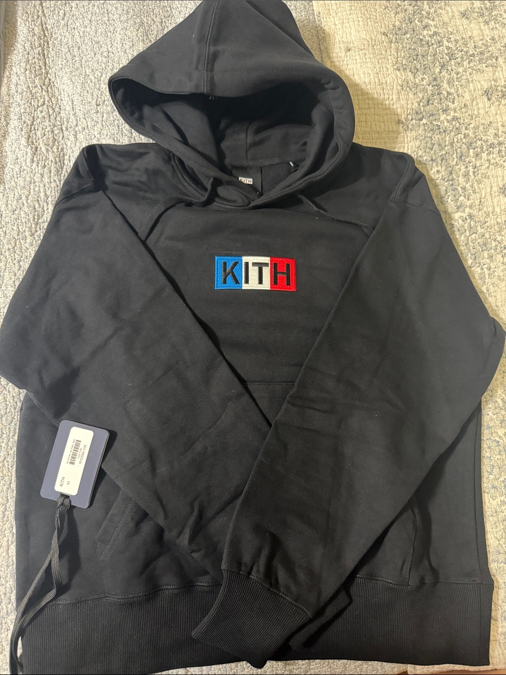 Kith Black Hoodie with Blue-White-Red Block Logo
